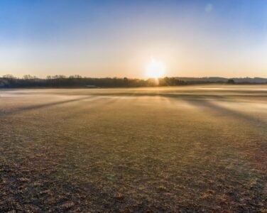 Beautiful foggy sunrise landscape in West Newton, Minnesota, USA, capturing autumn fields.