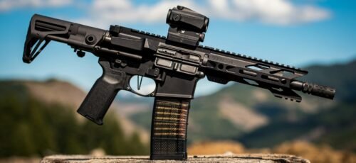 black assault rifle on brown wooden log